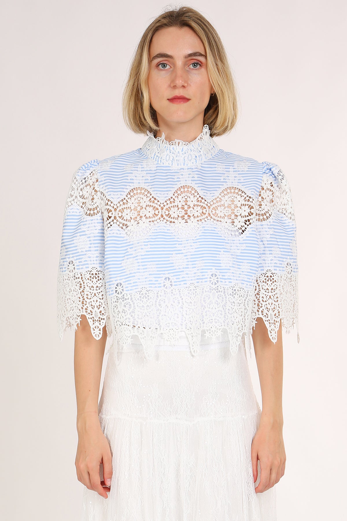 Beatrice Intricate Lace Mesh Detail Striped Crop Blouse - Shop Beulah Style