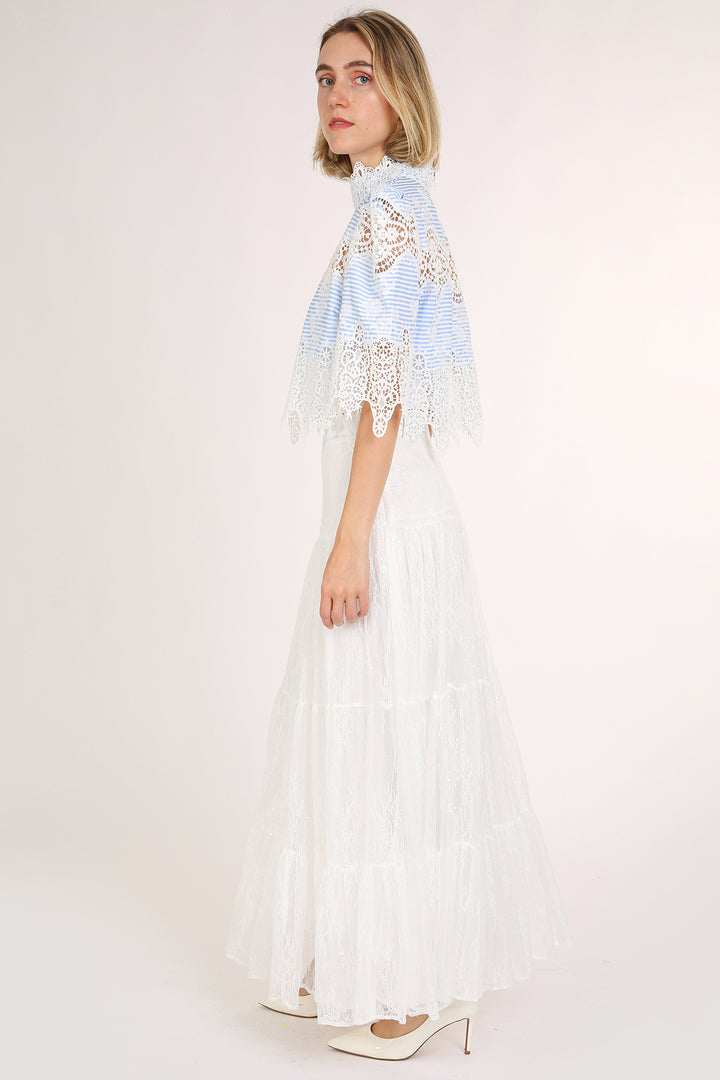 Beatrice Intricate Lace Mesh Detail Striped Crop Blouse