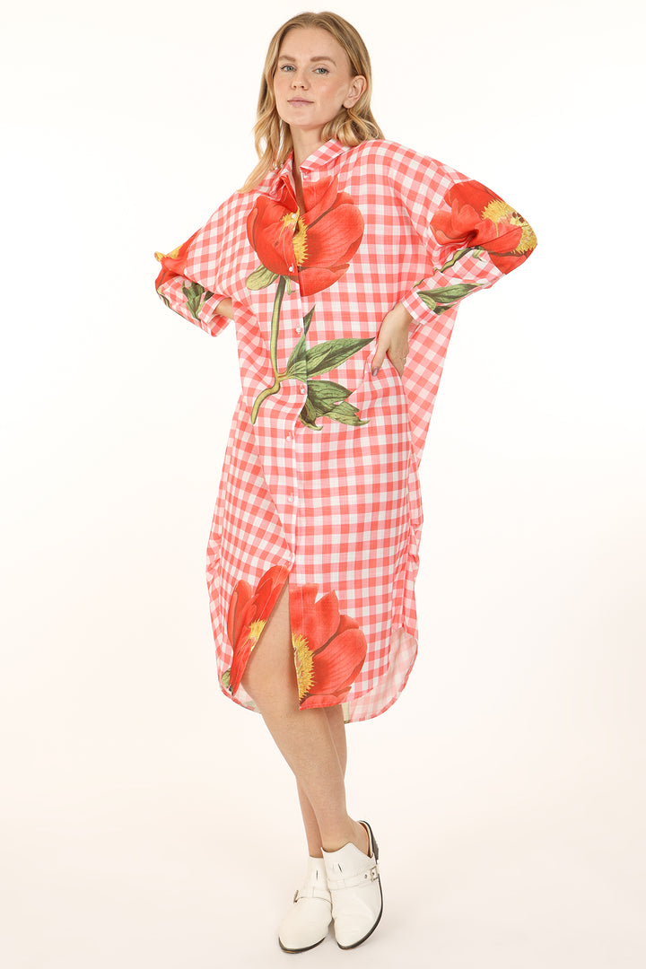 Scarlett Floral Printed Gingham Maxi Shirt Dress