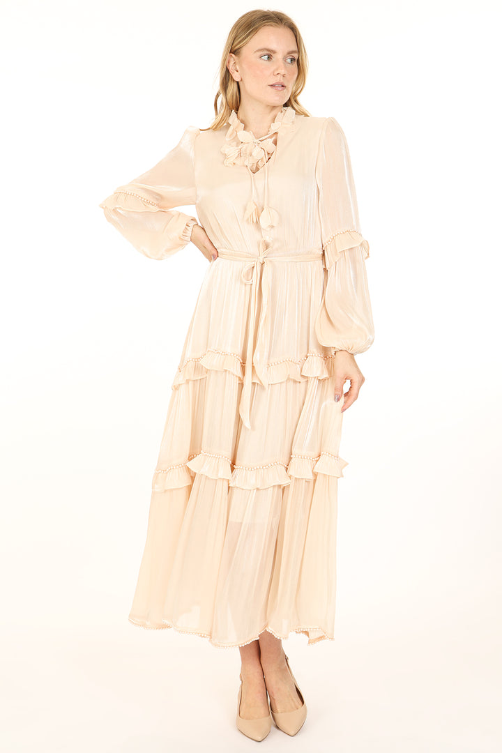 Everette Floral Tasseled Glossy Satin Tiered Maxi Dress - Shop Beulah Style
