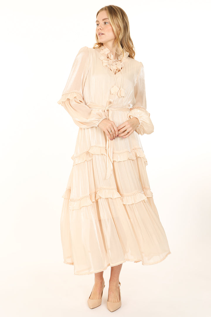 Everette Floral Tasseled Glossy Satin Tiered Maxi Dress - Shop Beulah Style