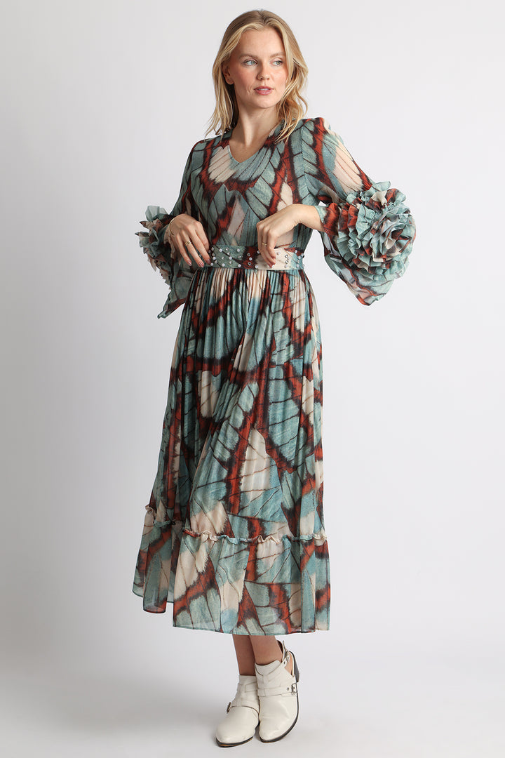 Gloria Multicolor Abstract Print Ruffled Cuffs Maxi Flounce Dress - Shop Beulah Style