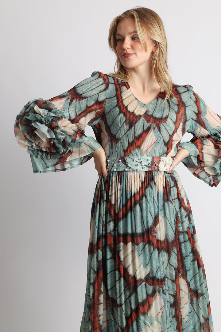 Gloria Multicolor Abstract Print Ruffled Cuffs Maxi Flounce Dress - Shop Beulah Style