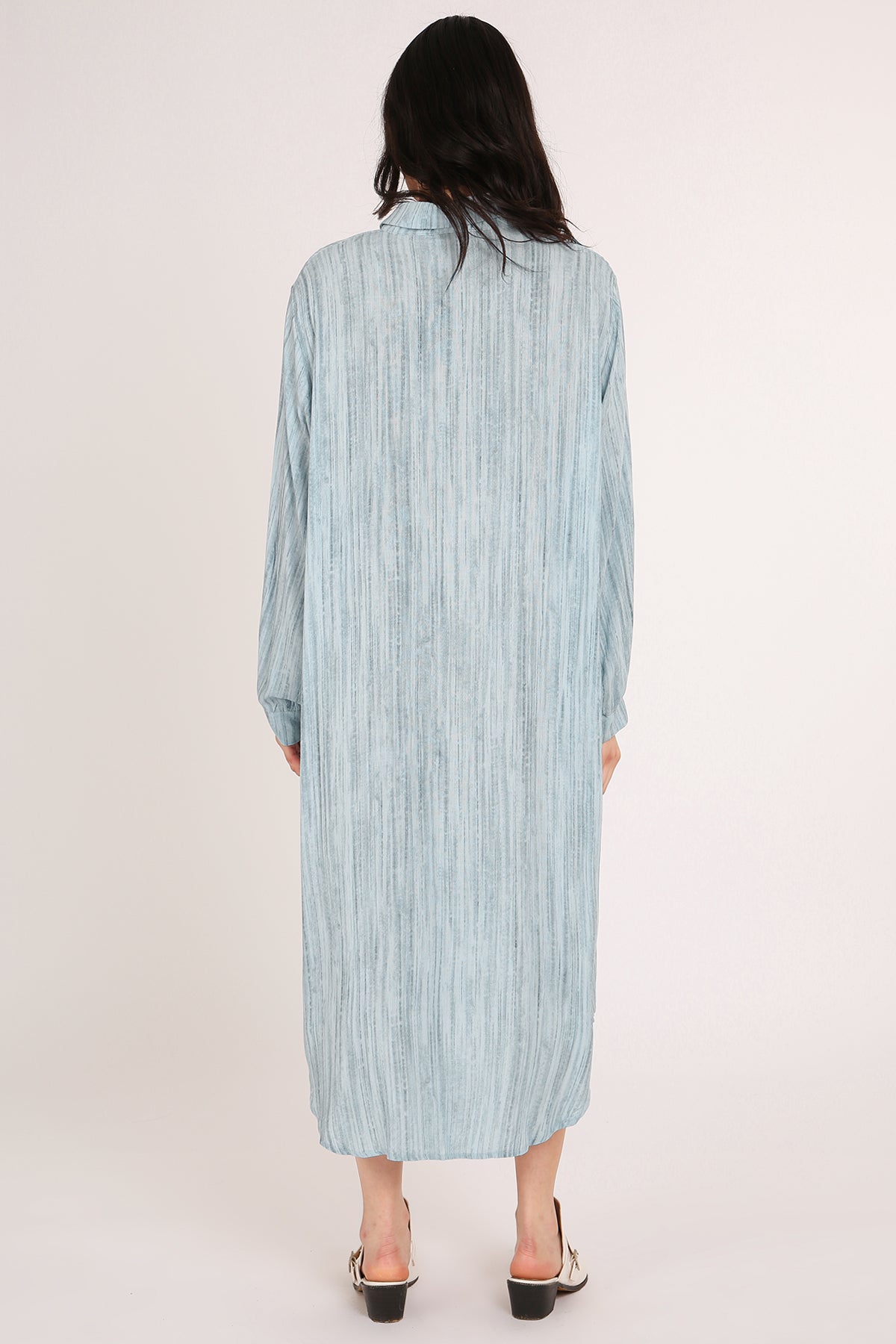 midi a line shirt dress Blue Stripe Cotton Pleated Midi Dress - Shirt Dresses