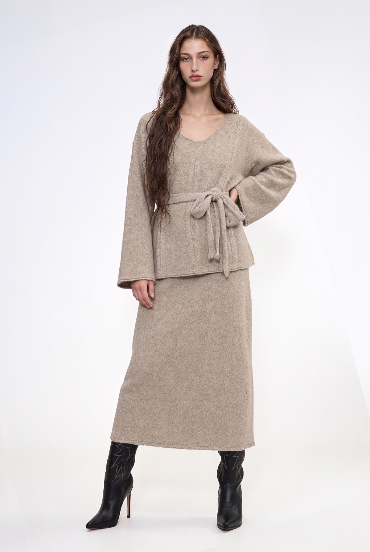 Belted Cable Knit Tunic Top And Maxi Skirt Set