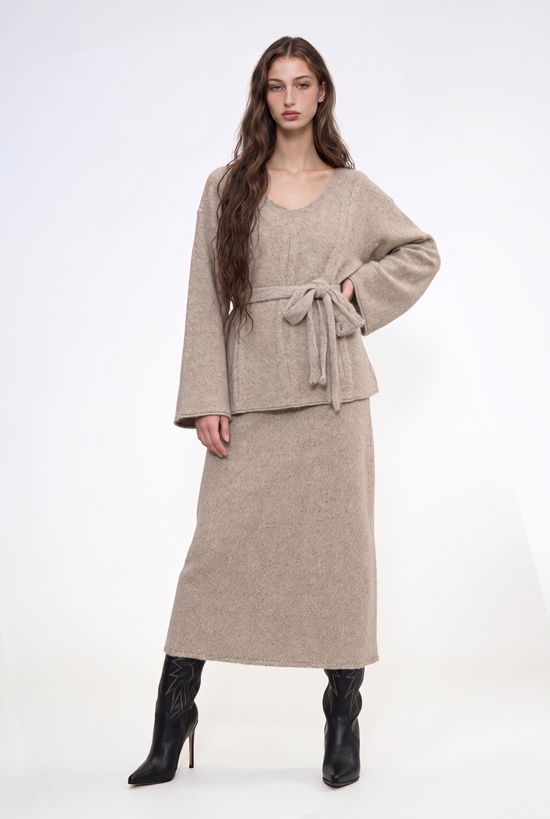 Belted Cable Knit Tunic Top And Maxi Skirt Set