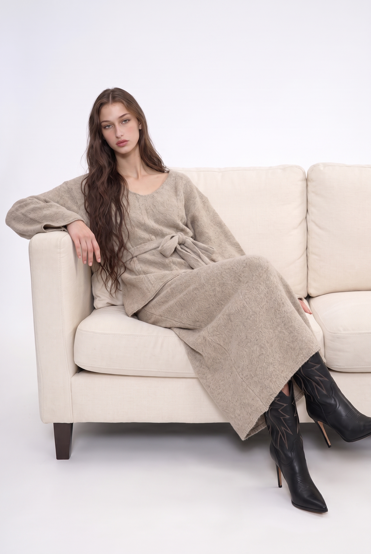 Belted Cable Knit Tunic Top And Maxi Skirt Set