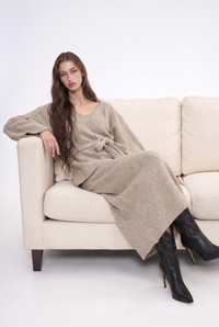 Belted Cable Knit Tunic Top And Maxi Skirt Set