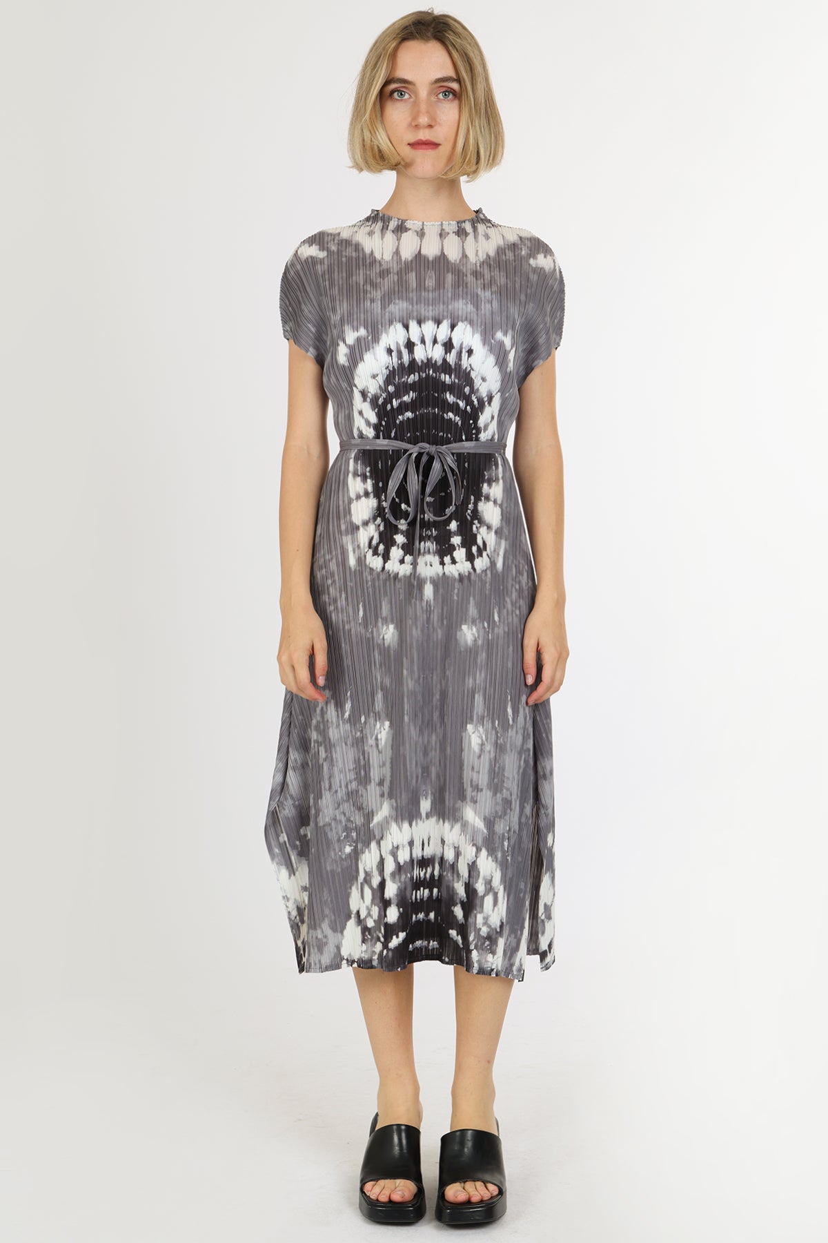Cassandra Abstract Printed Pleats Belted Midi Dress
