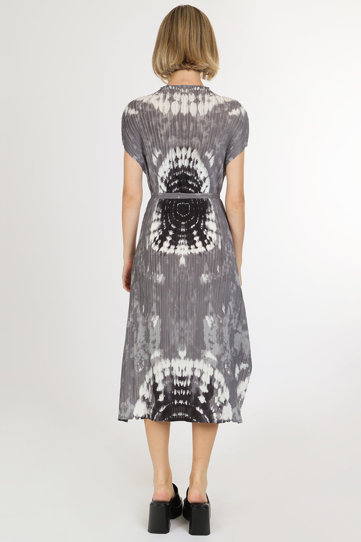 Cassandra Abstract Printed Pleats Belted Midi Dress
