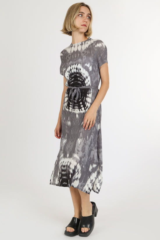 Cassandra Abstract Printed Pleats Belted Midi Dress