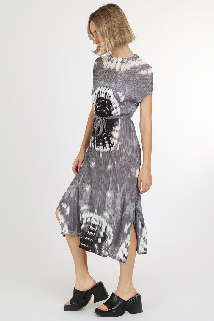 Cassandra Abstract Printed Pleats Belted Midi Dress