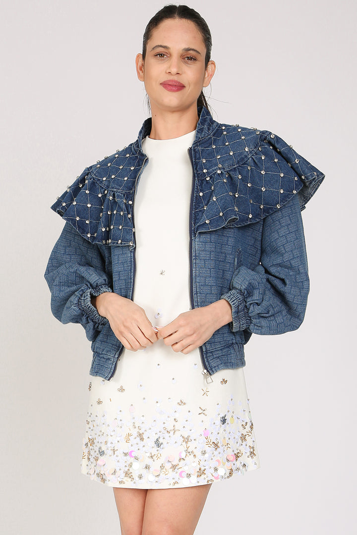 Wyatt Ruffled Cape Diamente Embellished Denim Jacket