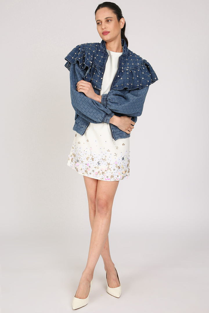 Wyatt Ruffled Cape Diamente Embellished Denim Jacket