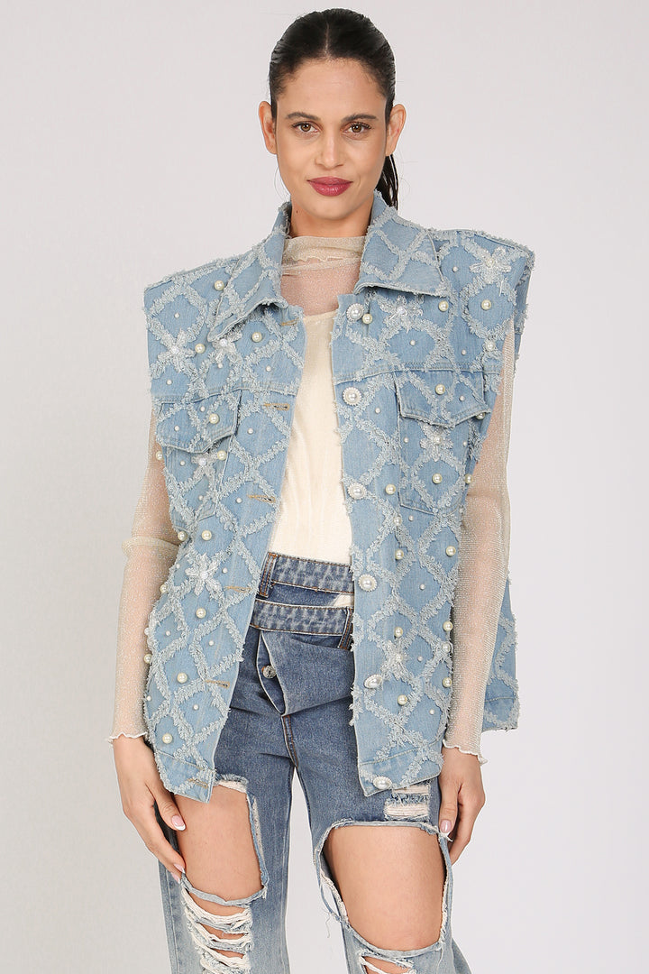 Parker Diamente Fringed & Multi-Pearled Denim Vest