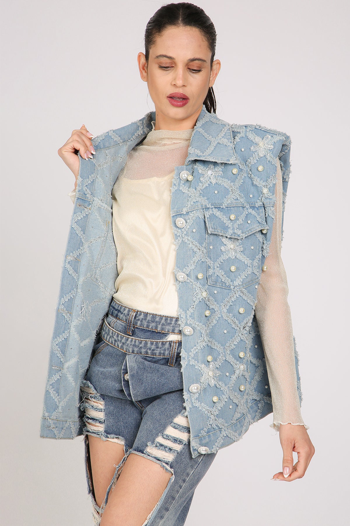 Parker Diamente Fringed & Multi-Pearled Denim Vest