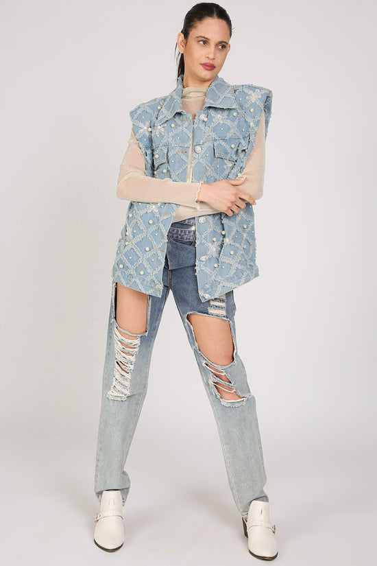 Parker Diamente Fringed & Multi-Pearled Denim Vest