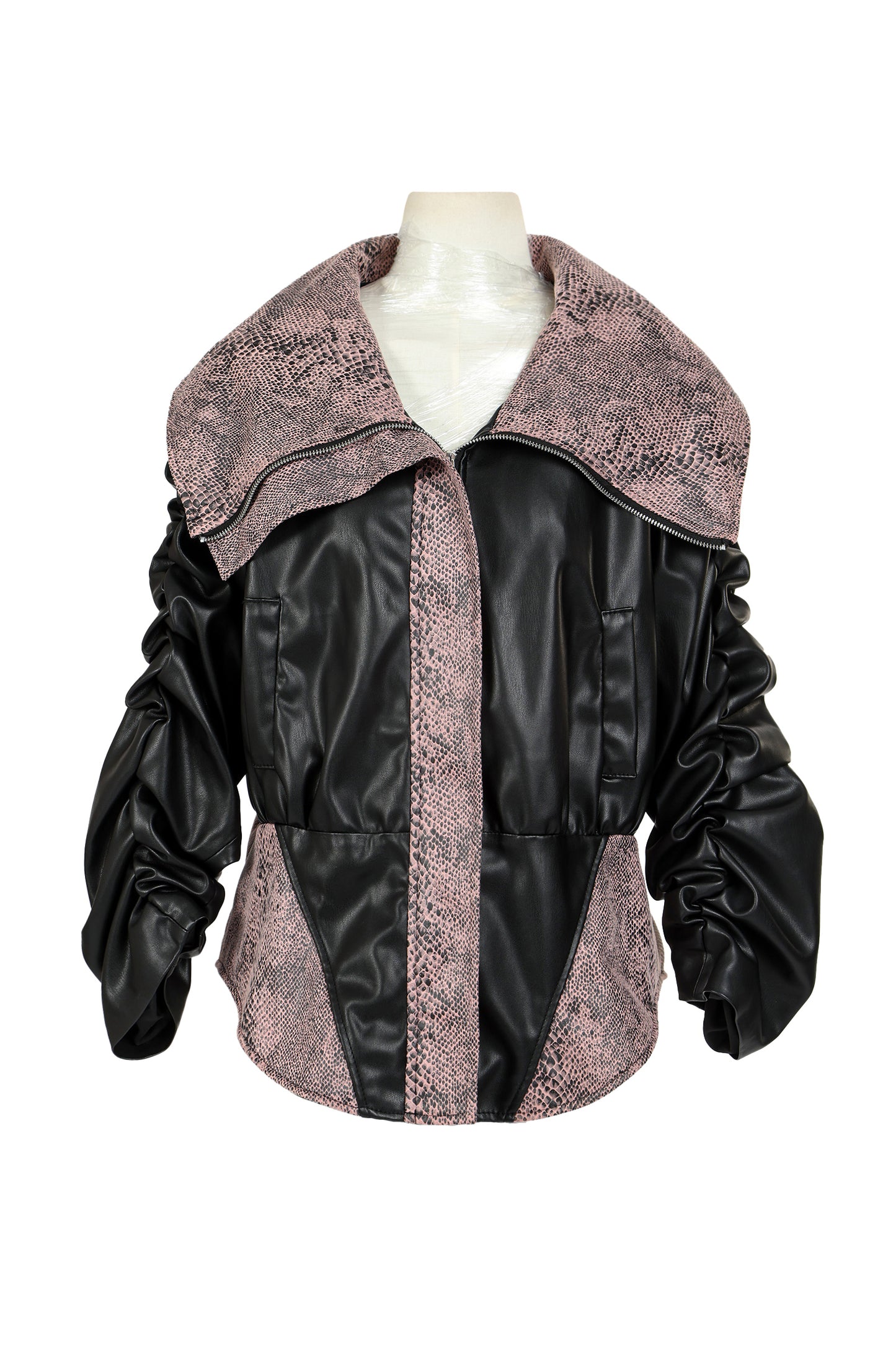 Lenora Solid & Snake Patterned Faux Leather Bomber Jacket