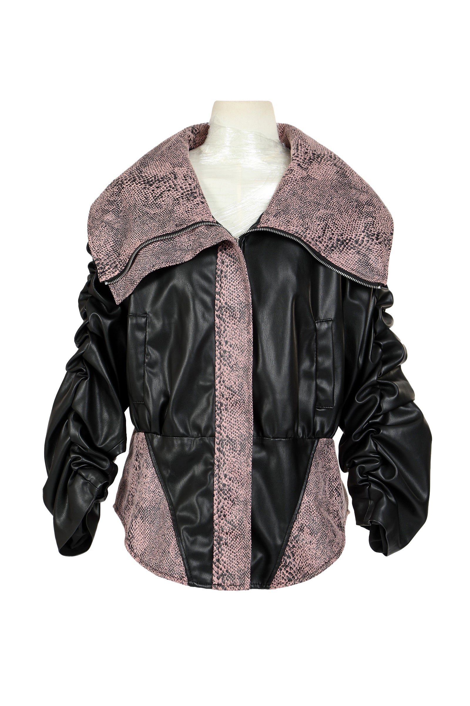 Lenora Solid & Snake Patterned Faux Leather Bomber Jacket