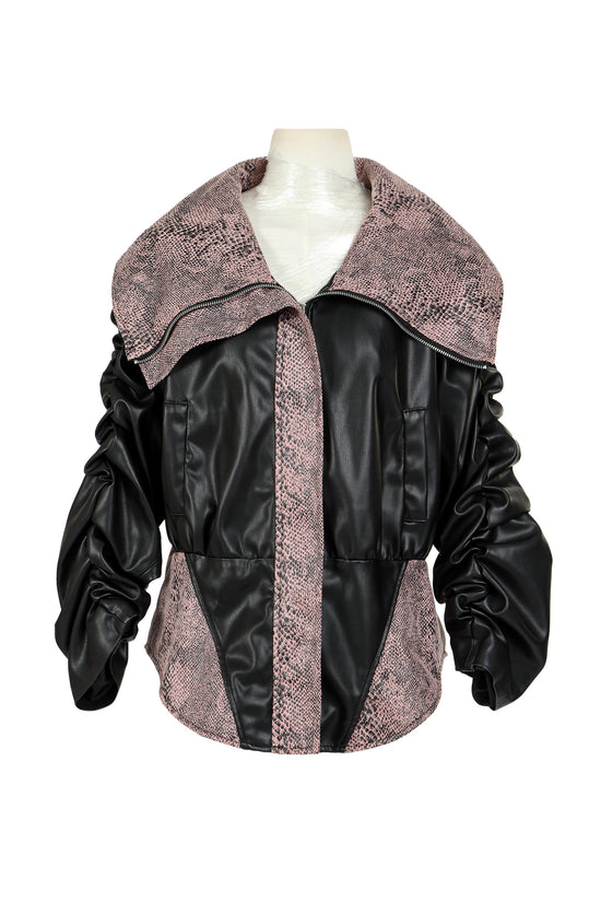 Lenora Solid & Snake Patterned Faux Leather Bomber Jacket