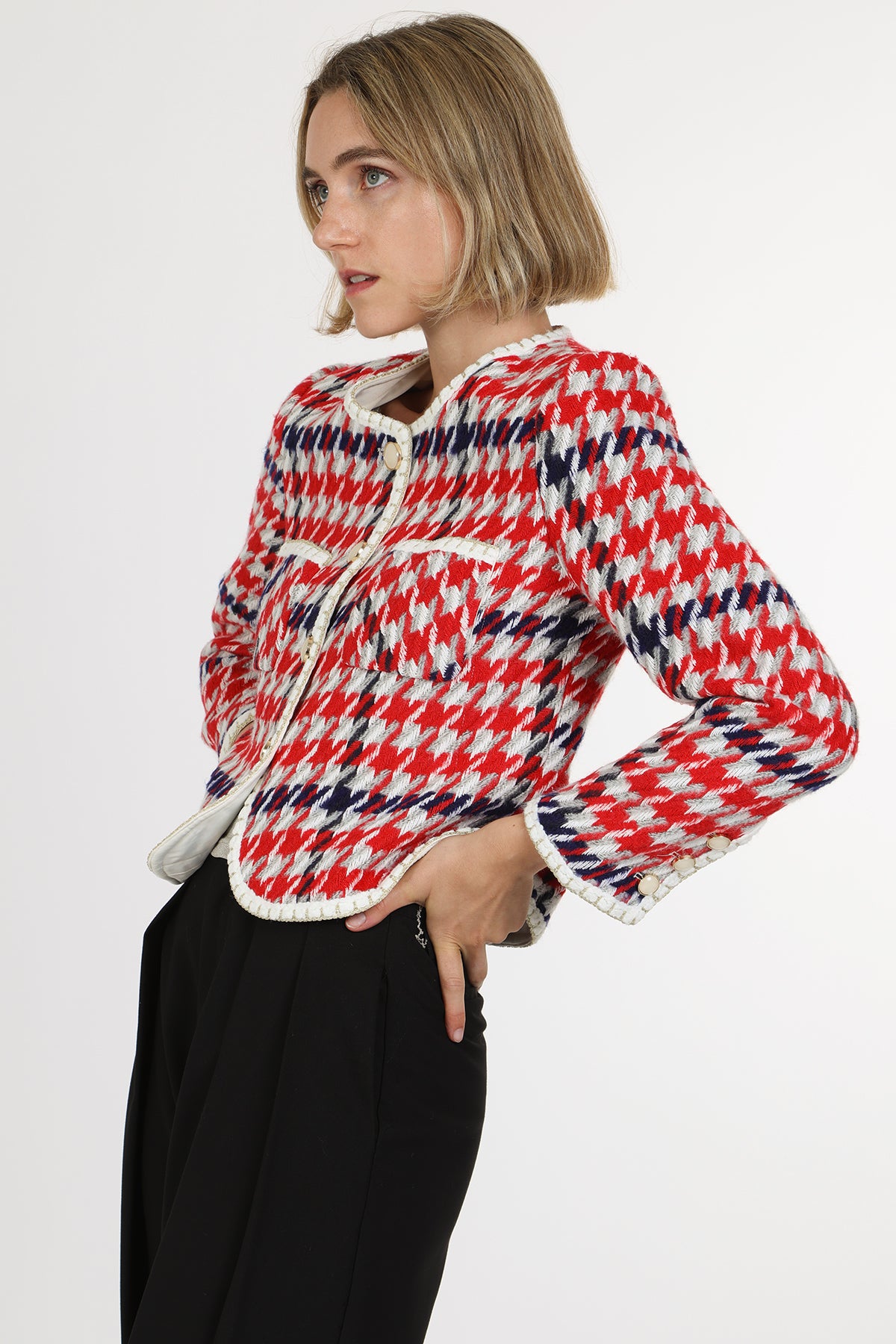 Maddie Tricolor Houndstooth Patterned Tweed Jacket