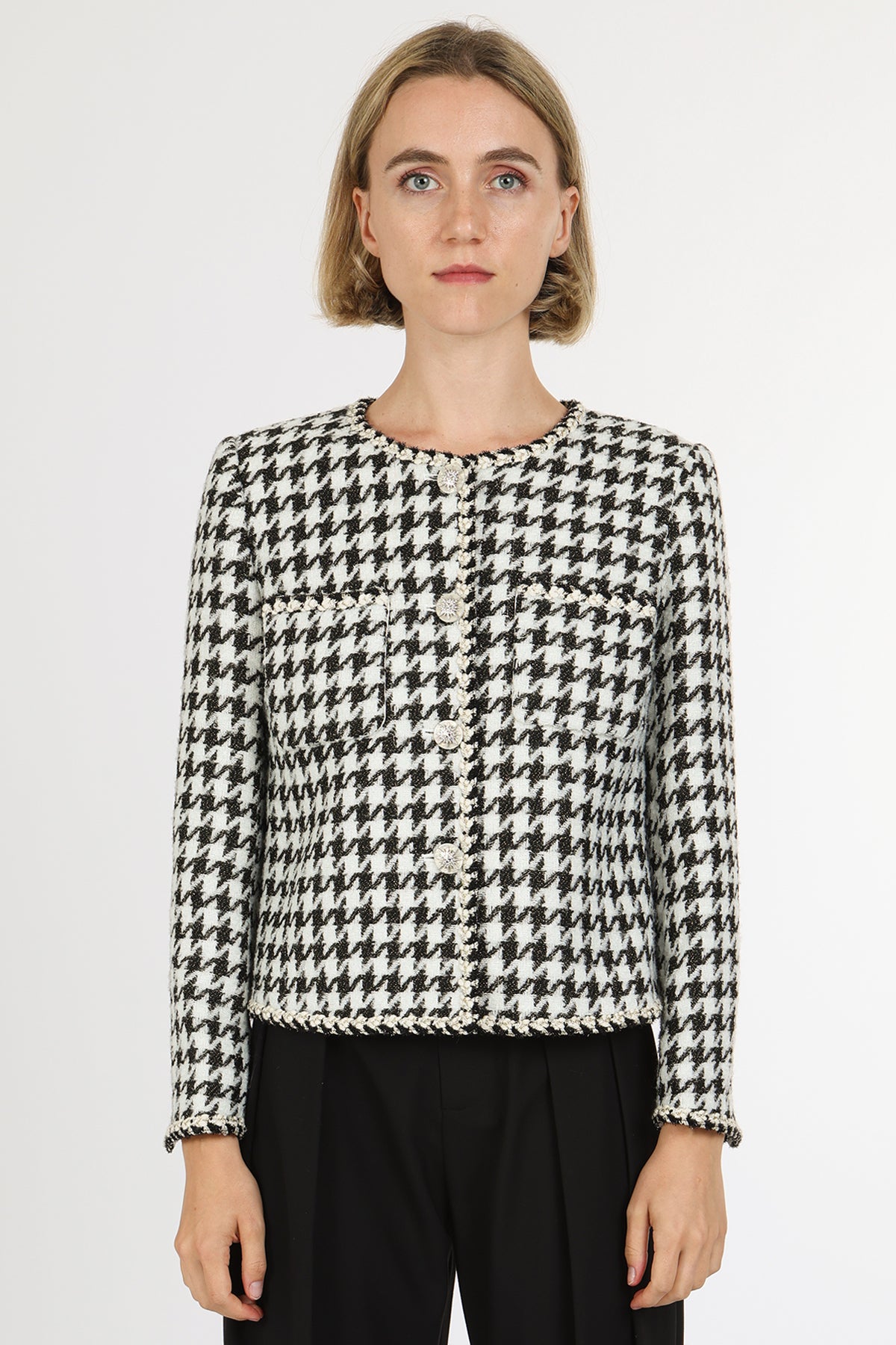 Dylan Contrast Houndstooth Patterned Tweed Jacket