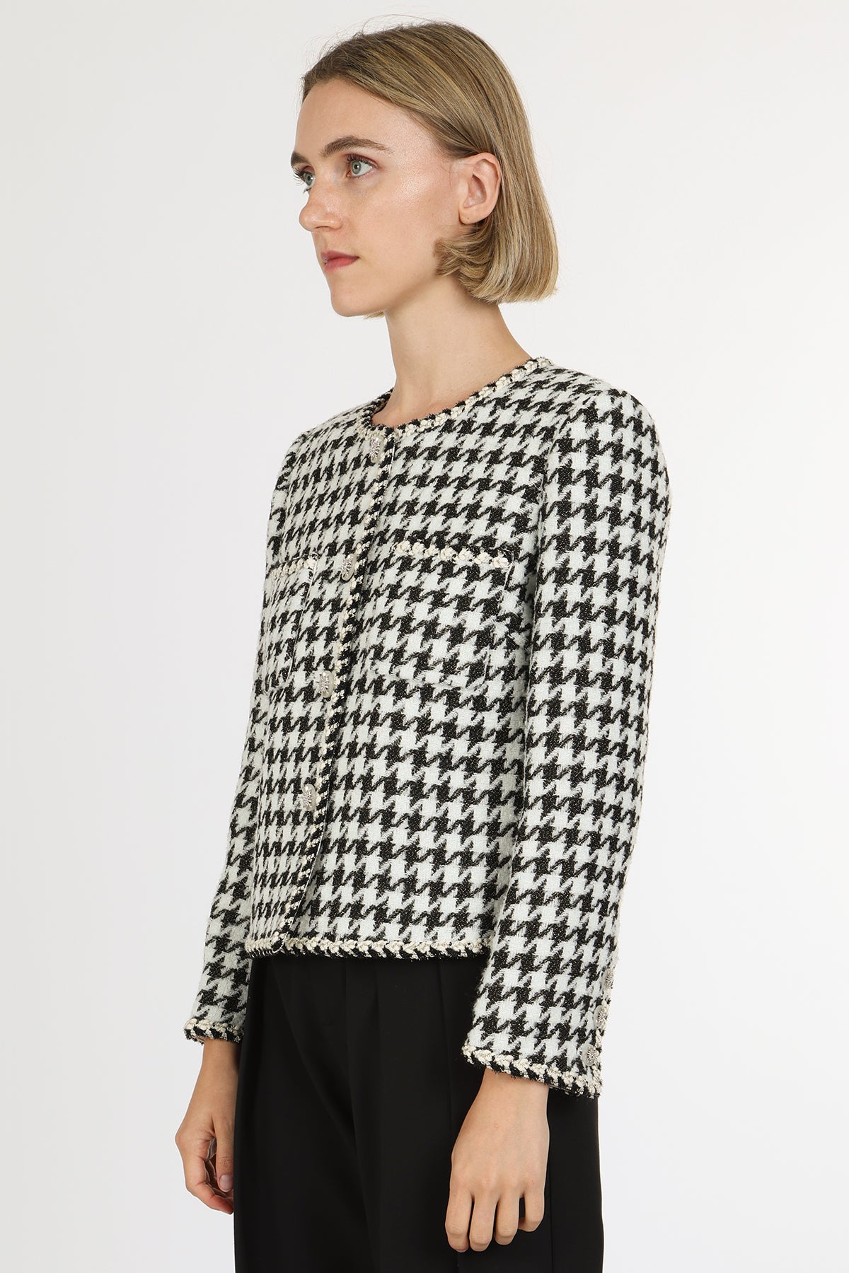 Dylan Contrast Houndstooth Patterned Tweed Jacket