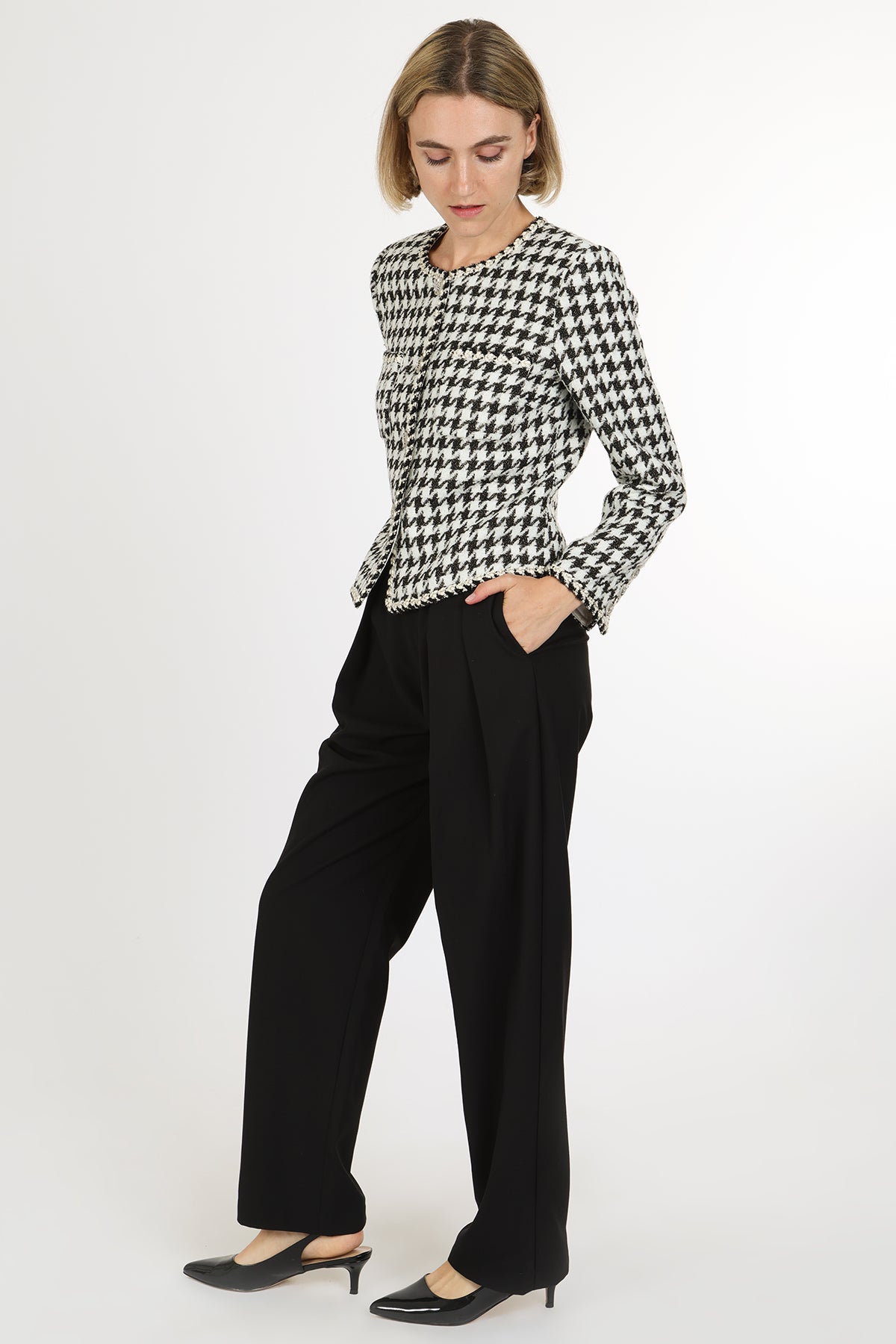 Dylan Contrast Houndstooth Patterned Tweed Jacket