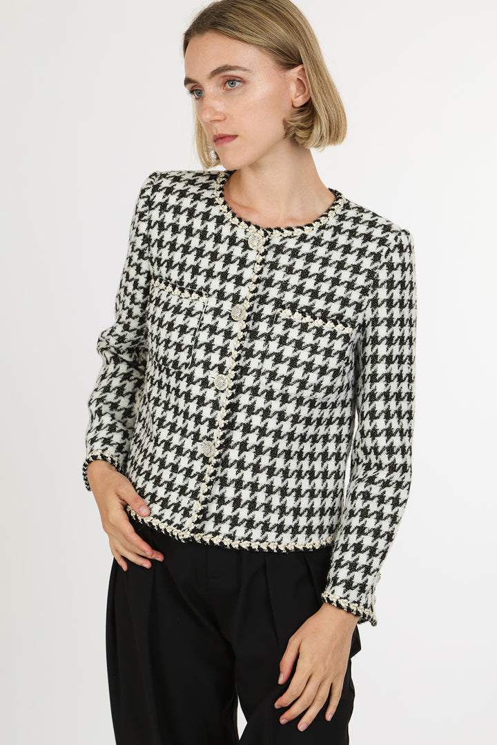 Dylan Contrast Houndstooth Patterned Tweed Jacket