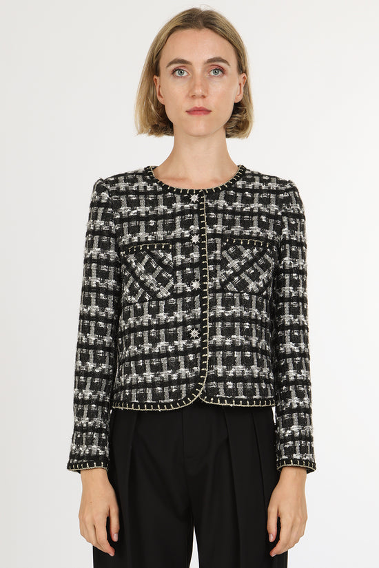 Danielle Plaid Tweed Glitter Braided Trim Detail Jacket