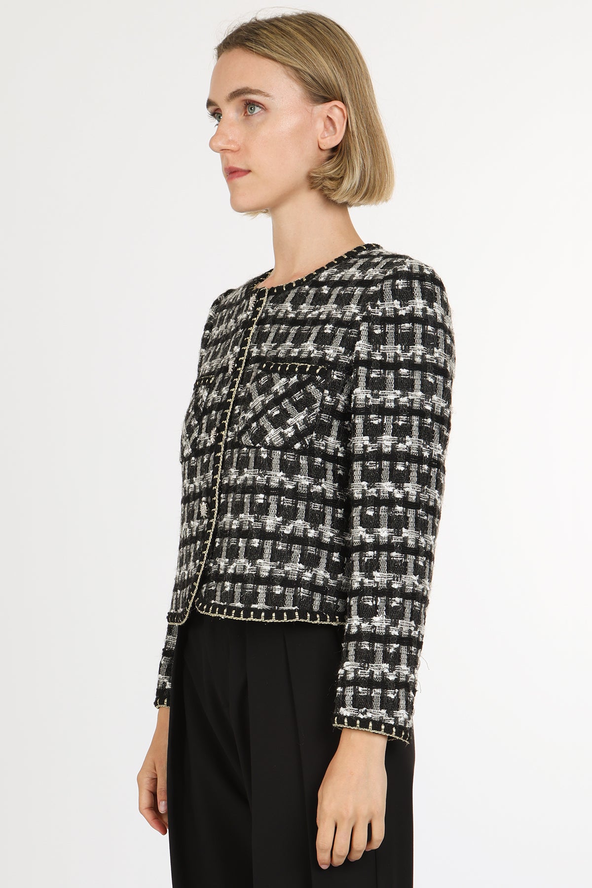 Danielle Plaid Tweed Glitter Braided Trim Detail Jacket