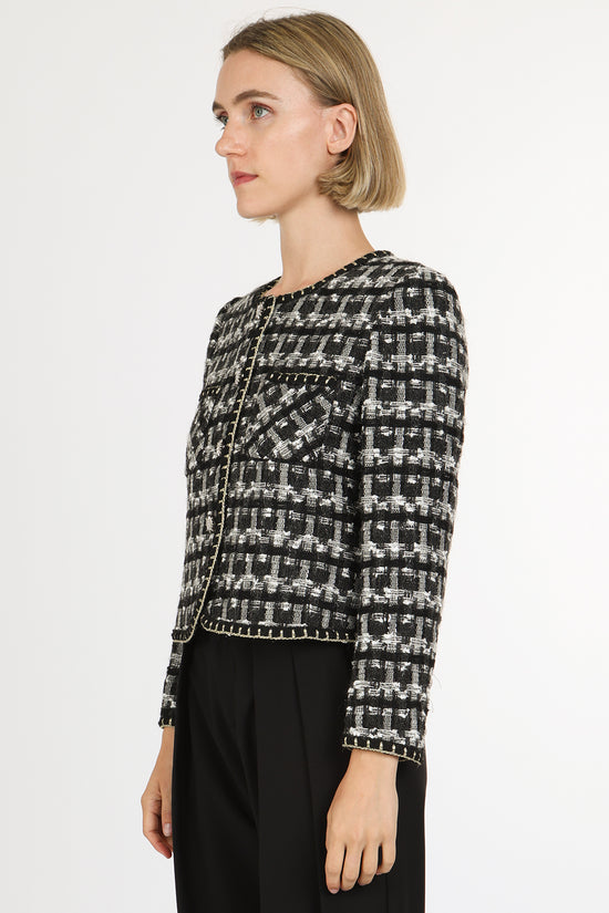 Danielle Plaid Tweed Glitter Braided Trim Detail Jacket