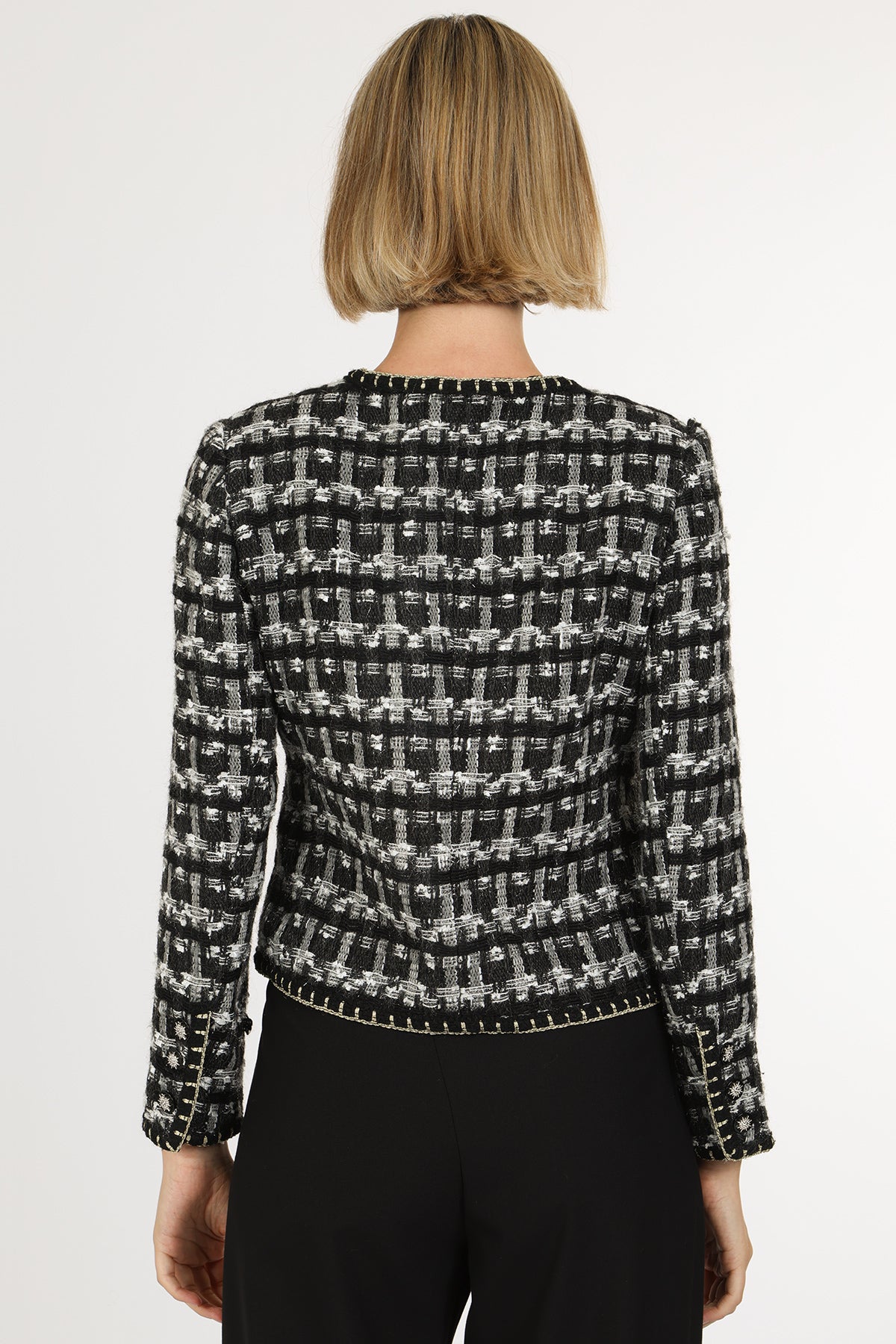 Danielle Plaid Tweed Glitter Braided Trim Detail Jacket