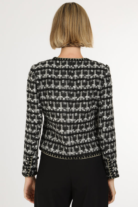 Danielle Plaid Tweed Glitter Braided Trim Detail Jacket
