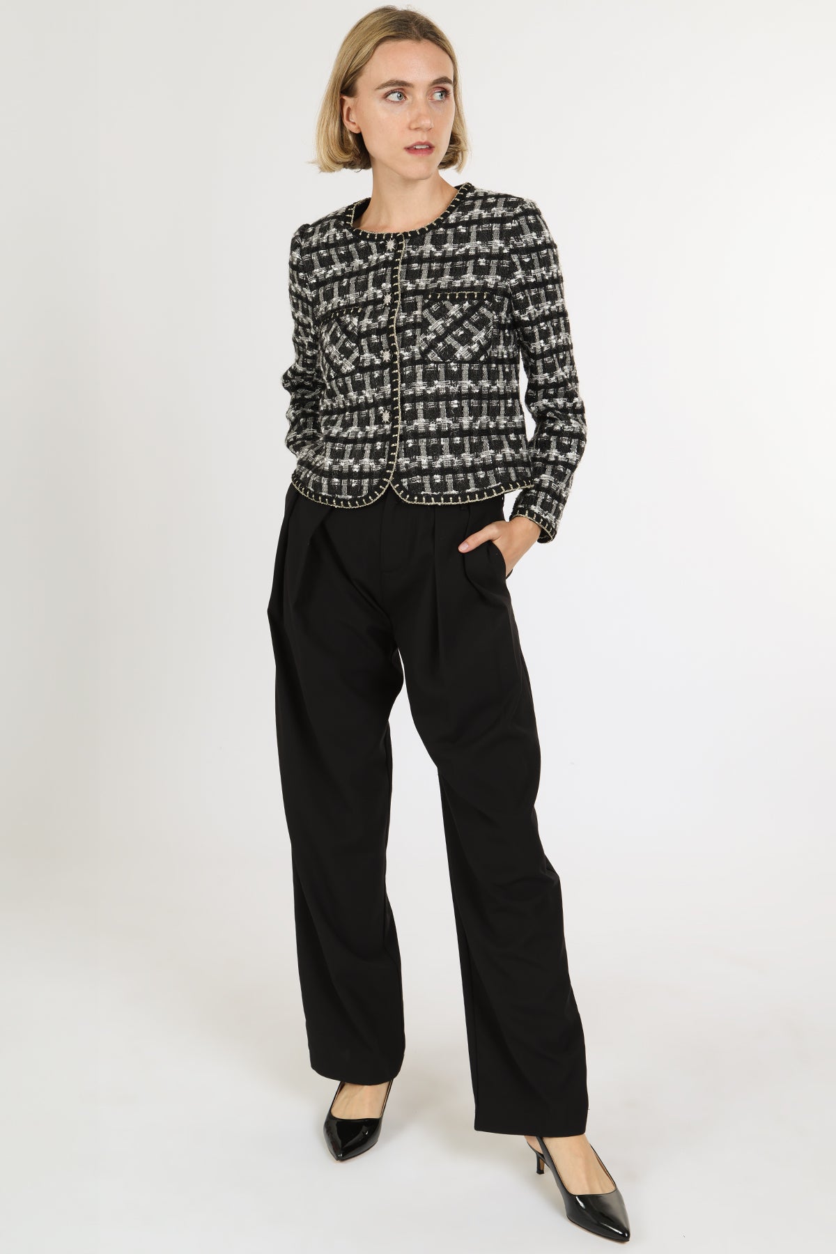 Danielle Plaid Tweed Glitter Braided Trim Detail Jacket