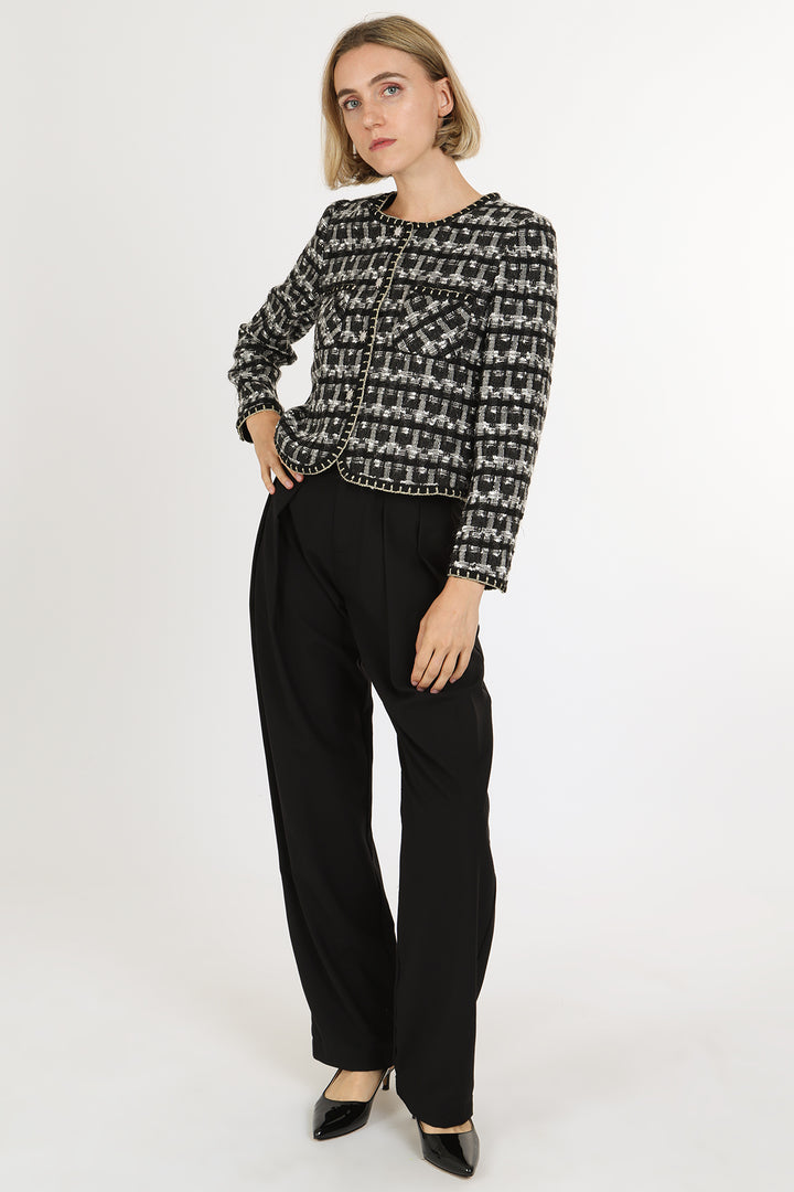 Danielle Plaid Tweed Glitter Braided Trim Detail Jacket