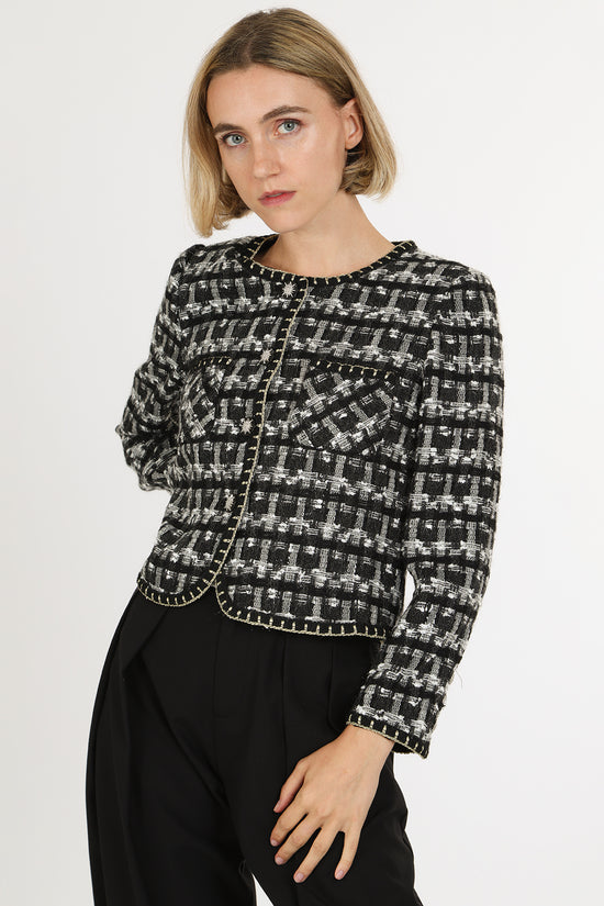 Danielle Plaid Tweed Glitter Braided Trim Detail Jacket