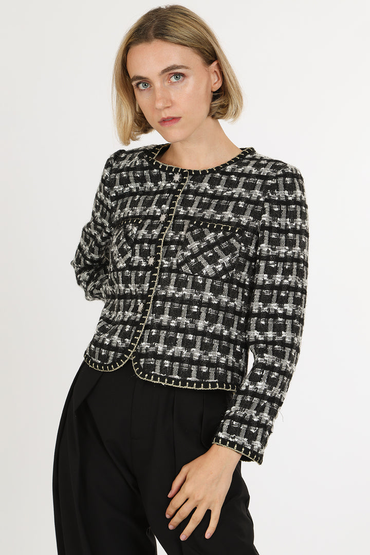Danielle Plaid Tweed Glitter Braided Trim Detail Jacket