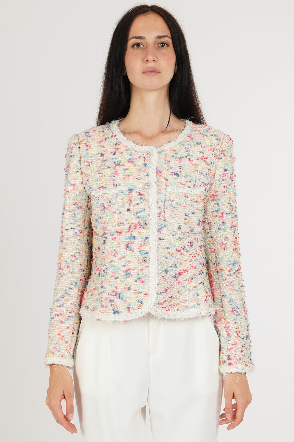 Viola Multicolor Fuzzy Braided Trim Tweed Jacket