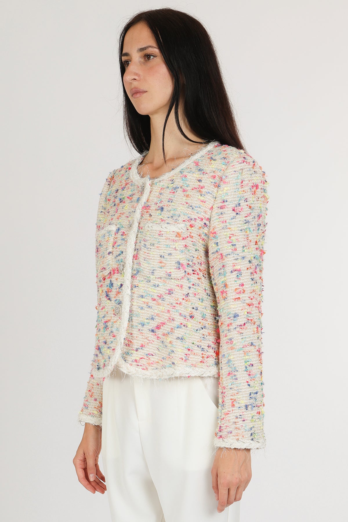 Viola Multicolor Fuzzy Braided Trim Tweed Jacket