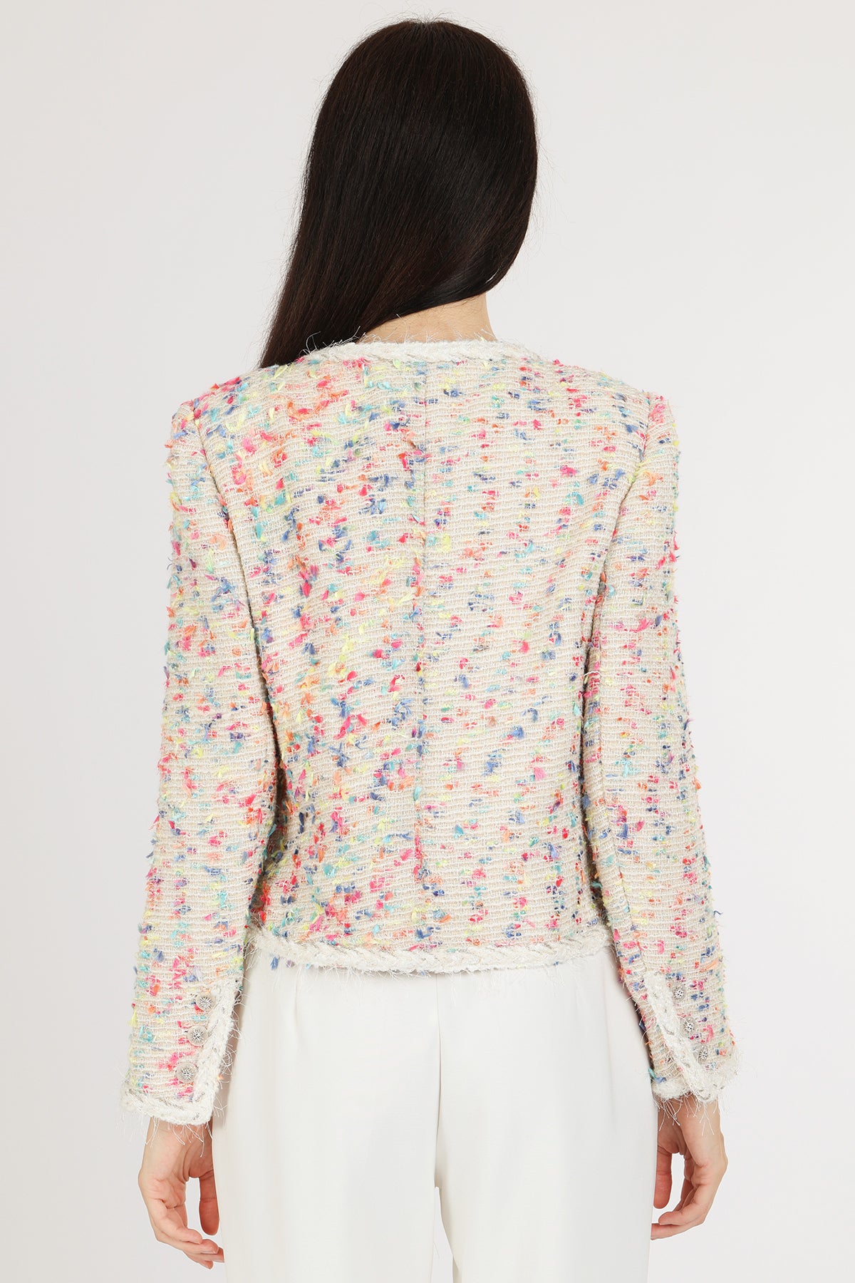 Viola Multicolor Fuzzy Braided Trim Tweed Jacket