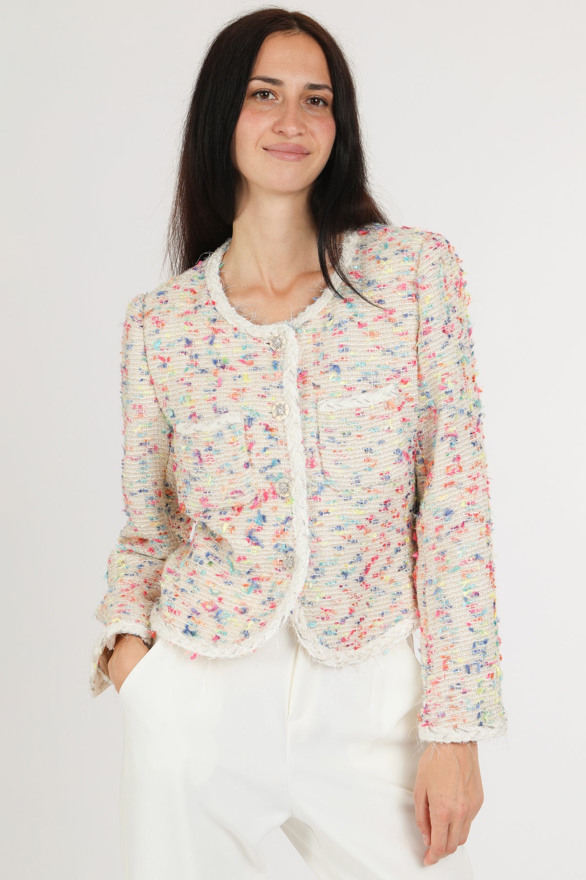 Viola Multicolor Fuzzy Braided Trim Tweed Jacket