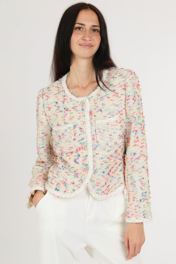 Viola Multicolor Fuzzy Braided Trim Tweed Jacket