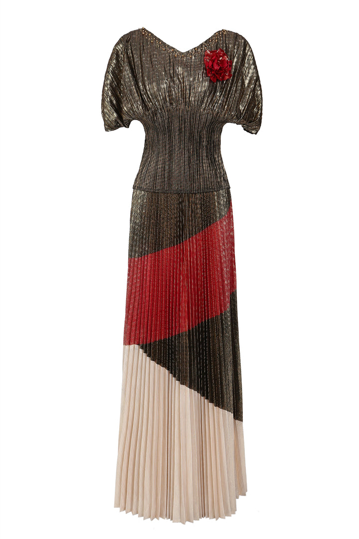 Zachary Beaded Glossy Texture Pleats Top & Skirt Set