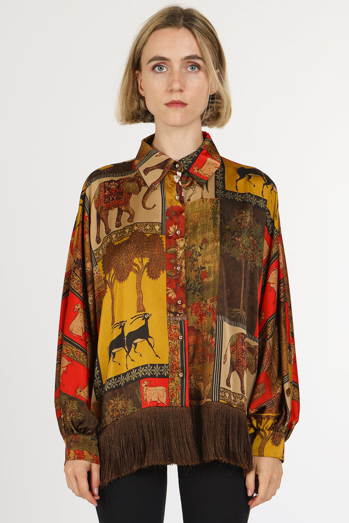 Ruby Boho Animal Print Fringe Trim Satin Blouse