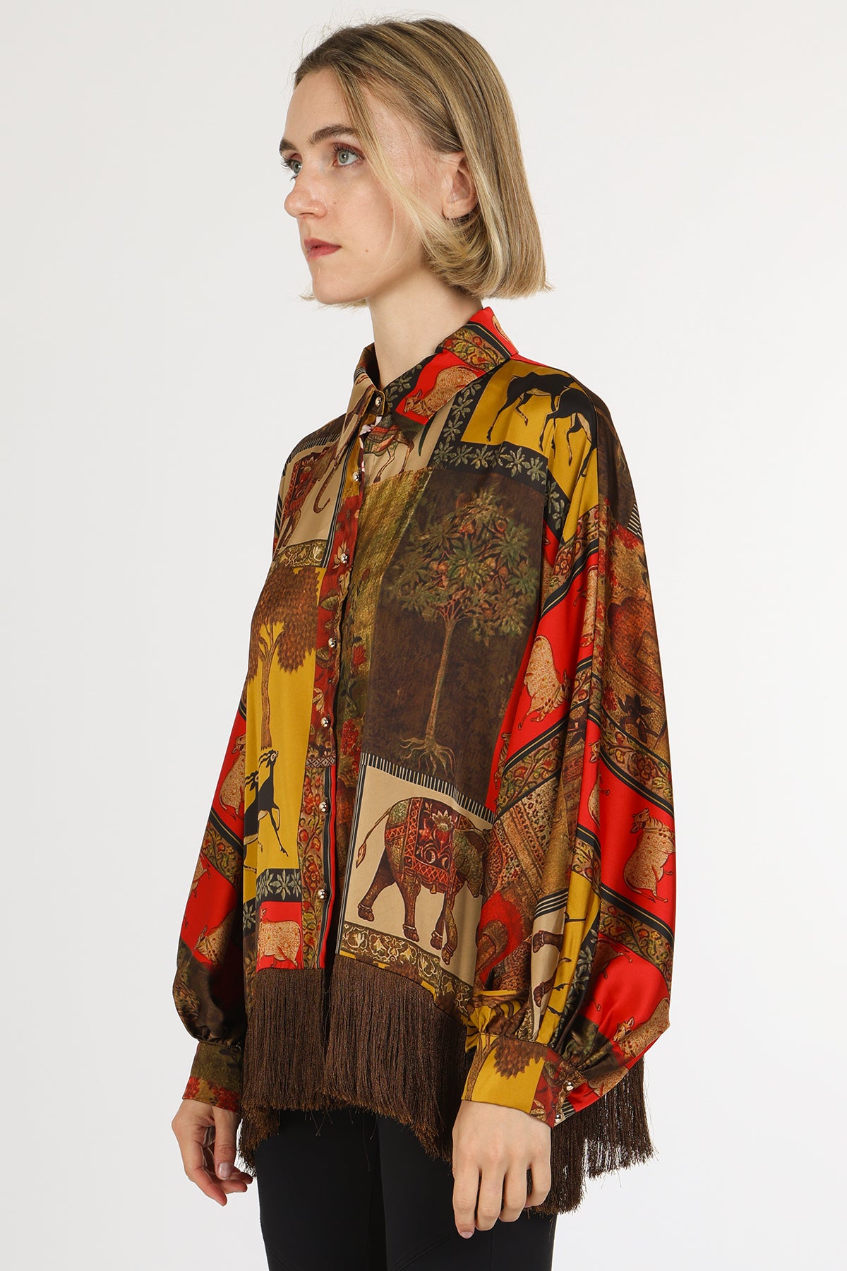 Ruby Boho Animal Print Fringe Trim Satin Blouse