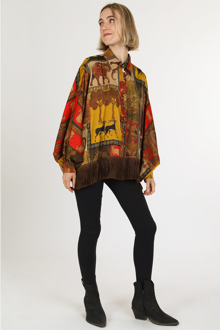 Ruby Boho Animal Print Fringe Trim Satin Blouse