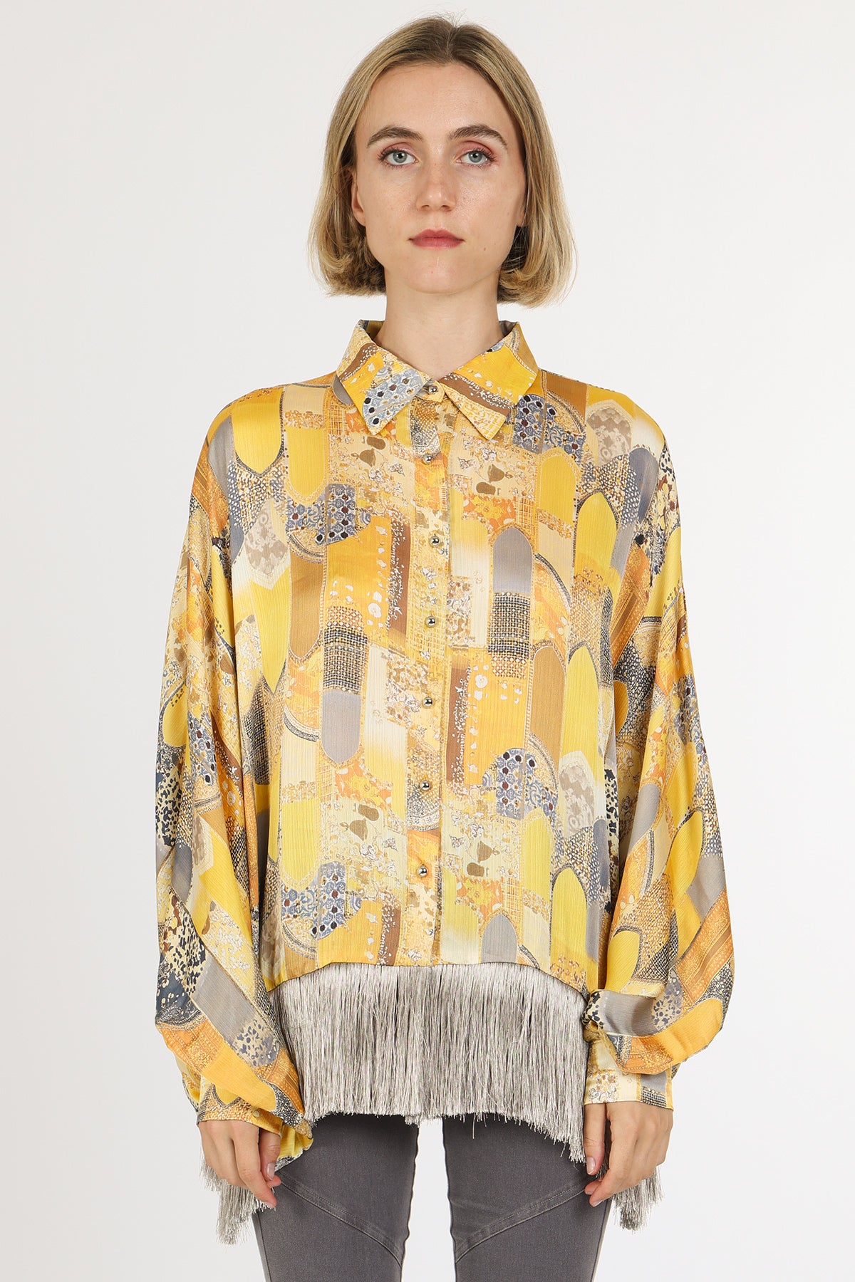 Natasha Bohemian Print Fringe Trim Satin Blouse