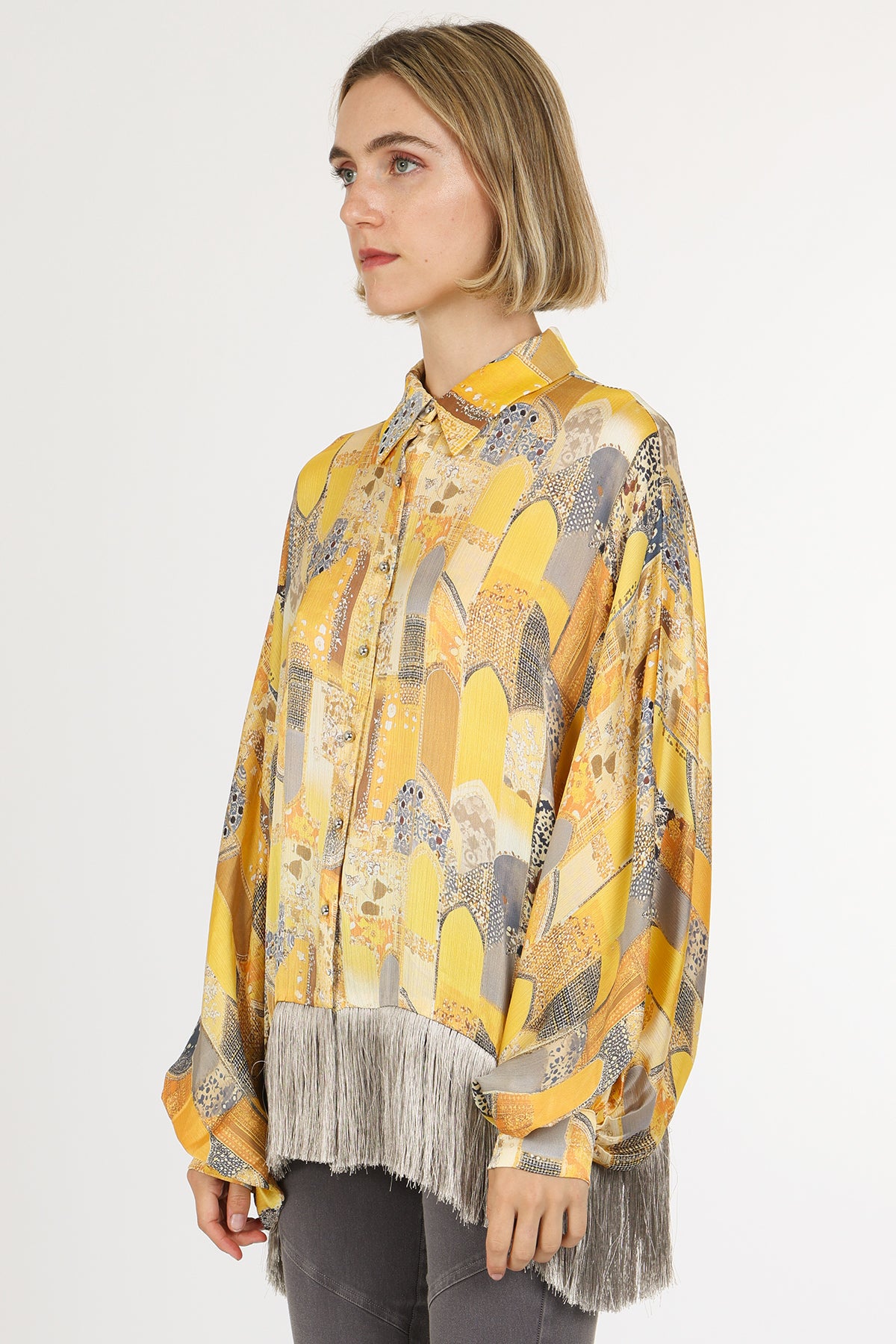 Natasha Bohemian Print Fringe Trim Satin Blouse