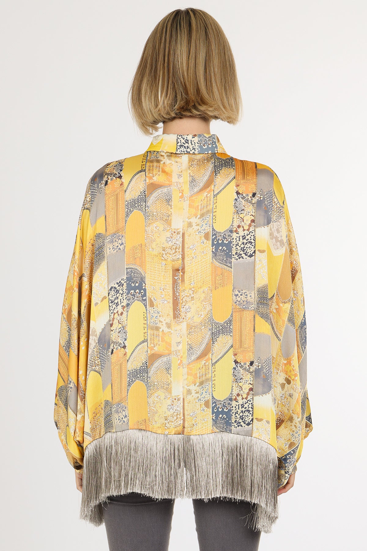 Natasha Bohemian Print Fringe Trim Satin Blouse